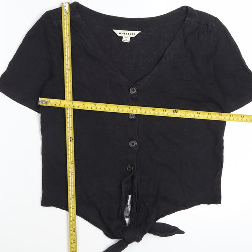 Whistles Women Black Linen Cropped Blouse S V-Neck Button Front