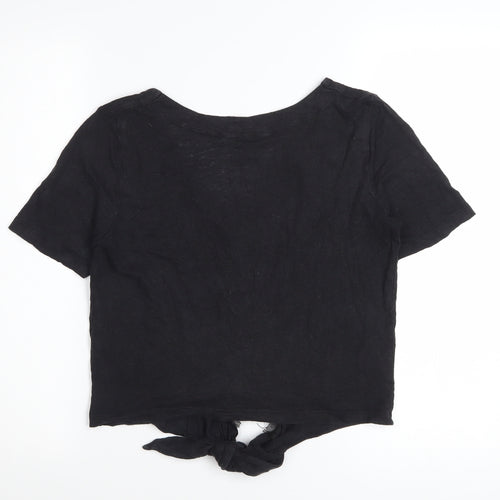 Whistles Women Black Linen Cropped Blouse S V-Neck Button Front