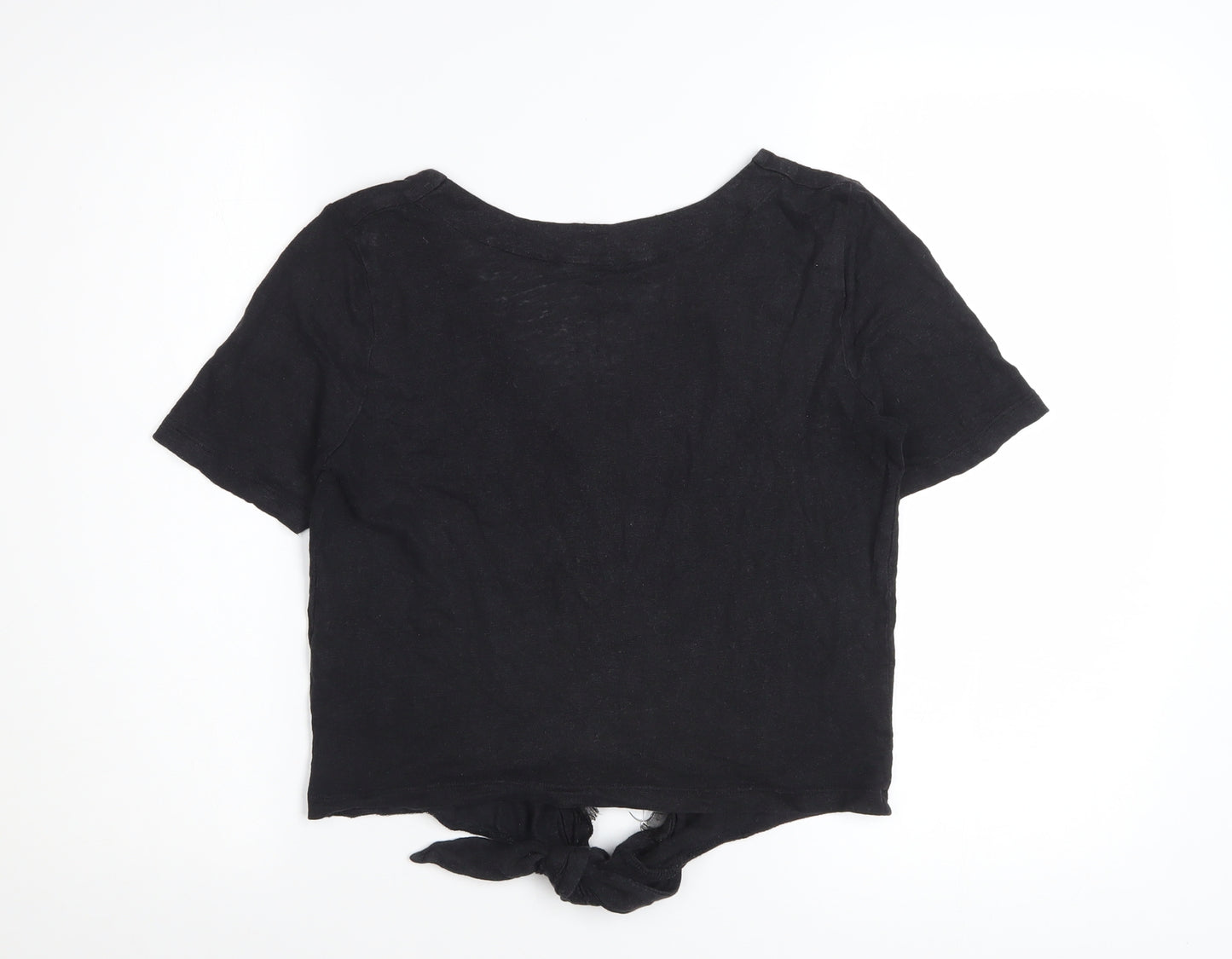 Whistles Women Black Linen Cropped Blouse S V-Neck Button Front