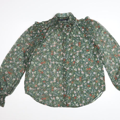 French Connection Women's Green Floral Ruffle Chiffon Blouse Size M