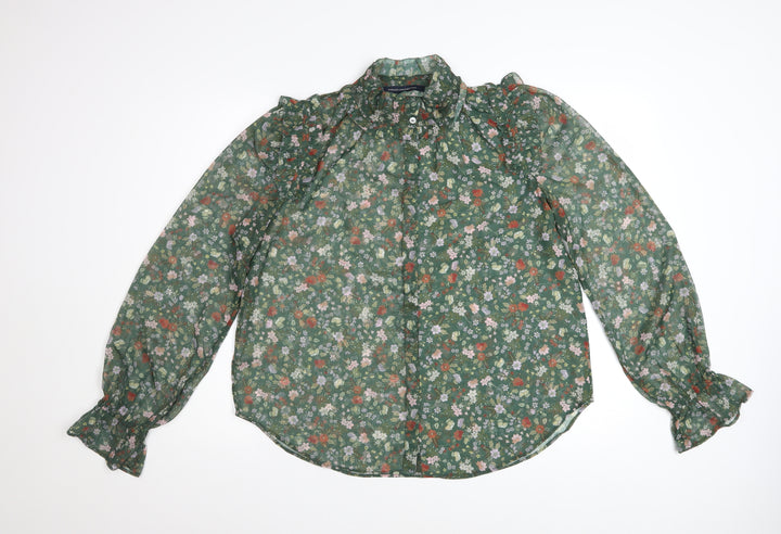 French Connection Women's Green Floral Ruffle Chiffon Blouse Size M