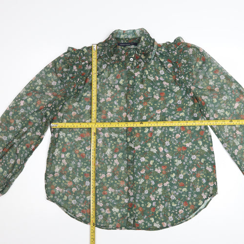 French Connection Women's Green Floral Ruffle Chiffon Blouse Size M