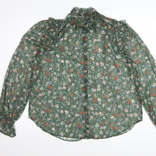 French Connection Women's Green Floral Ruffle Chiffon Blouse Size M