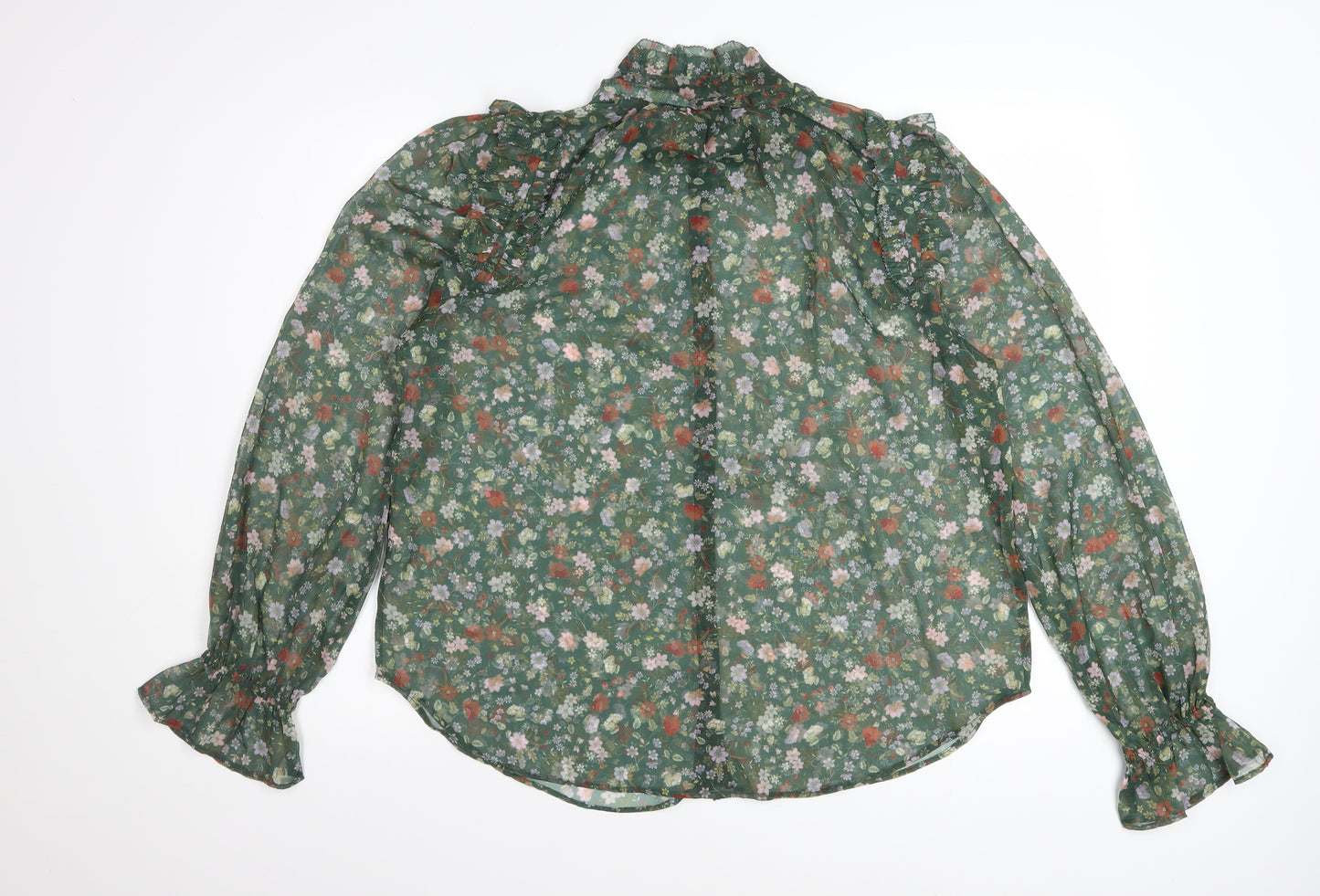 French Connection Women's Green Floral Ruffle Chiffon Blouse Size M
