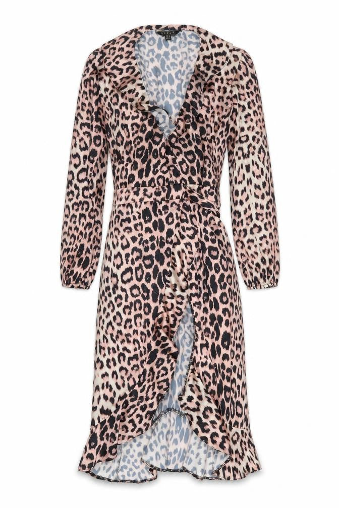 Front view of Lipsy Women's Multicoloured Leopard Wrap Dress, size 12