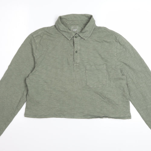 GAP Women Green Cropped Polo Shirt Long Sleeve Cotton M