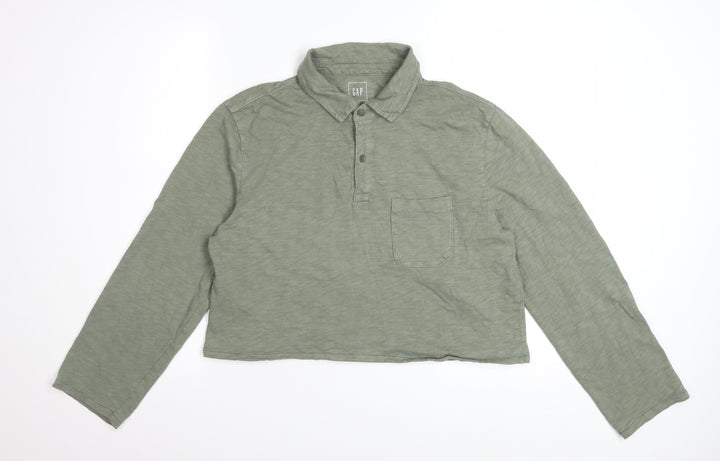 GAP Women Green Cropped Polo Shirt Long Sleeve Cotton M