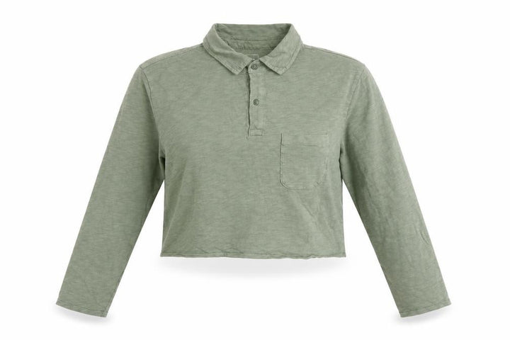 Gap Women Green Cropped Polo Shirt Long Sleeve Cotton M