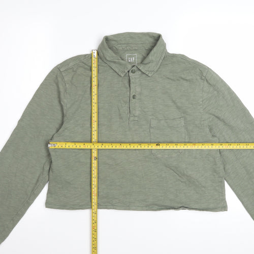 GAP Women Green Cropped Polo Shirt Long Sleeve Cotton M