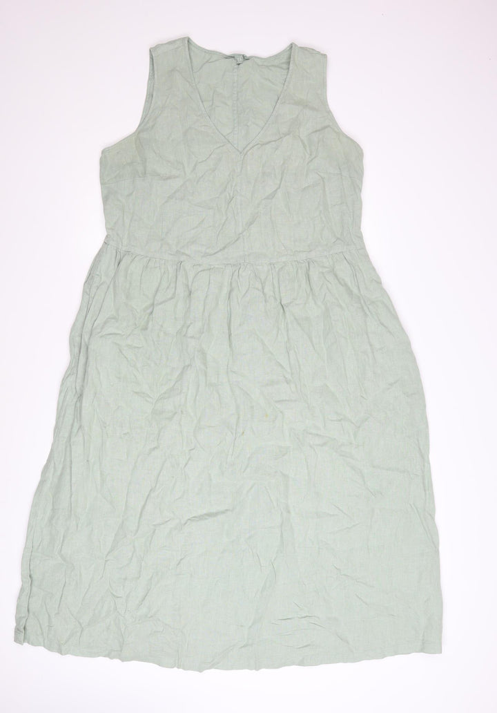 Seasalt Cornwall Womens Green Linen V-Neck A-Line Dress Size 14