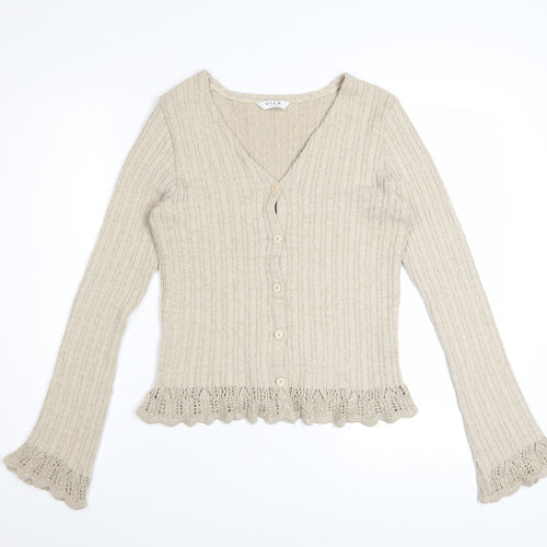 Vila Women Beige Ruffle V-Neck Knit Cardigan Size M