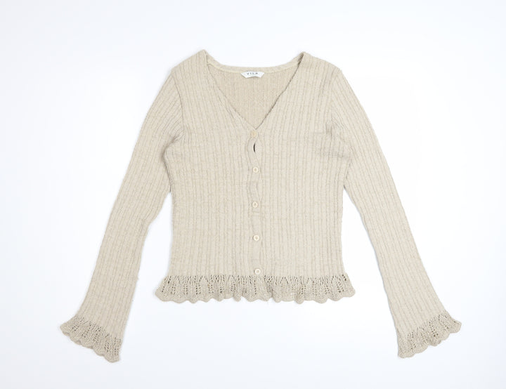 Vila Women Beige Ruffle V-Neck Knit Cardigan Size M
