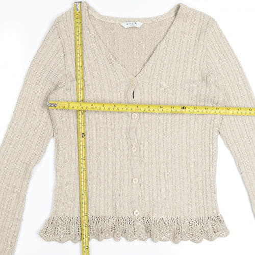 Vila Women Beige Ruffle V-Neck Knit Cardigan Size M
