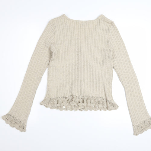 Vila Women Beige Ruffle V-Neck Knit Cardigan Size M