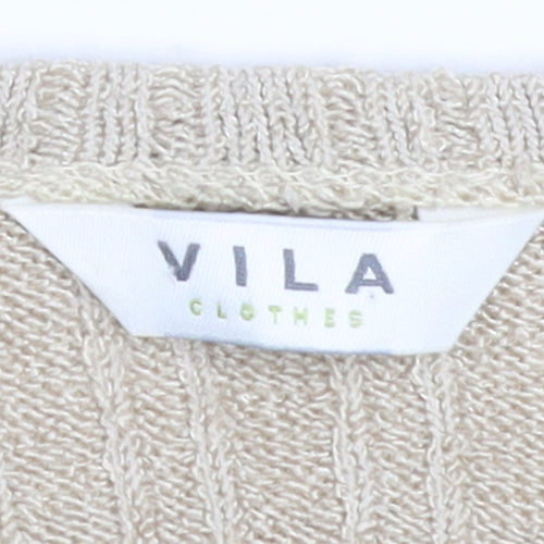Vila Women Beige Ruffle V-Neck Knit Cardigan Size M