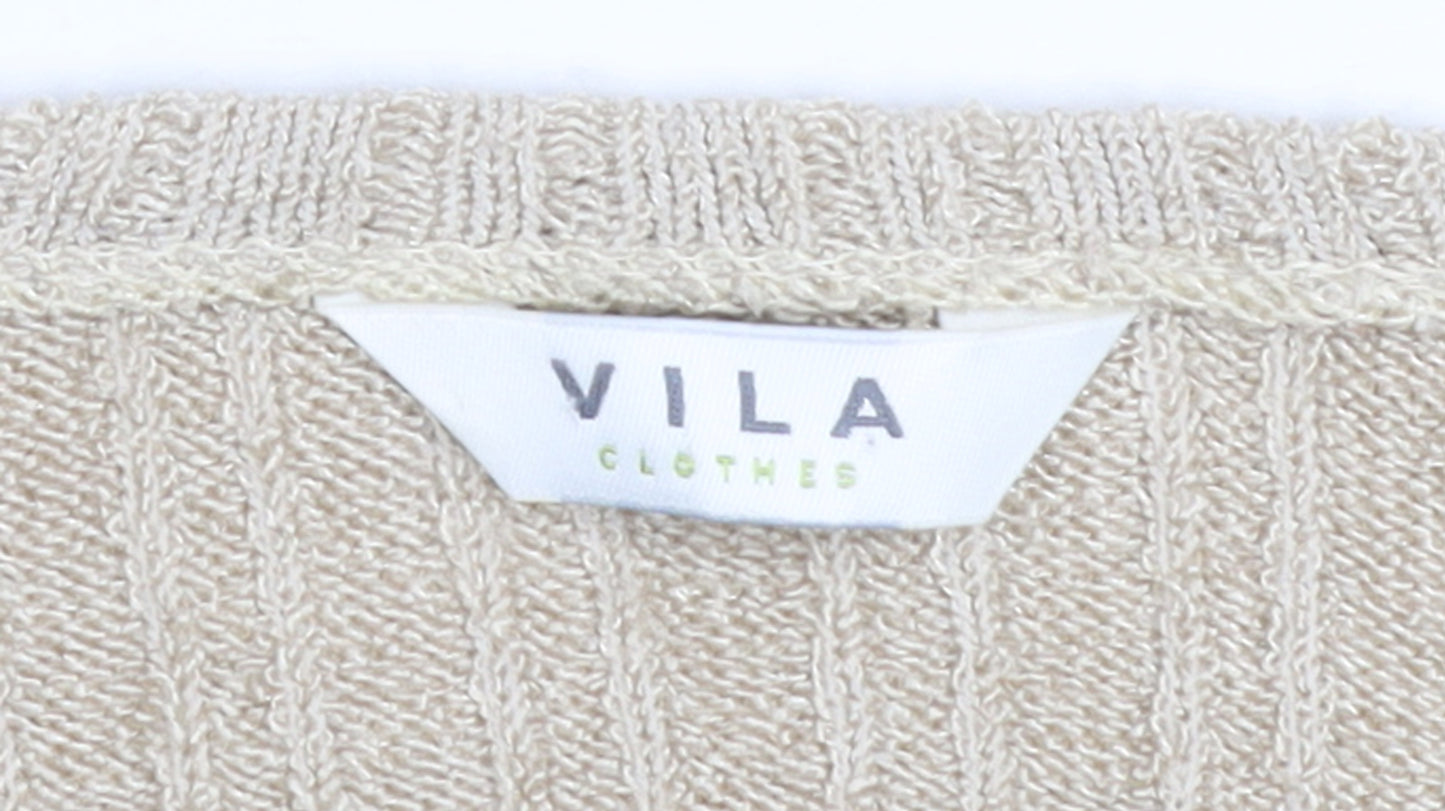 Vila Women Beige Ruffle V-Neck Knit Cardigan Size M