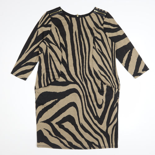 Wallis Women Brown Animal Print Shift Dress UK 12 3/4 Sleeve Zip Detail