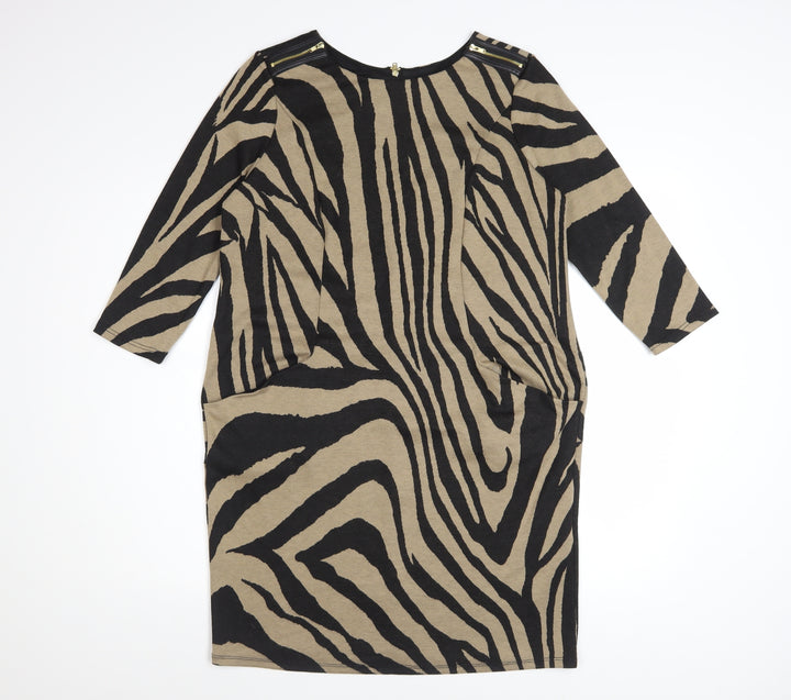 Wallis Women Brown Animal Print Shift Dress UK 12 3/4 Sleeve Zip Detail