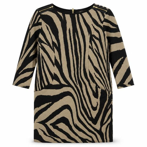 Wallis Women Brown Animal Print Shift Dress UK 12 3/4 Sleeve Zip Detail