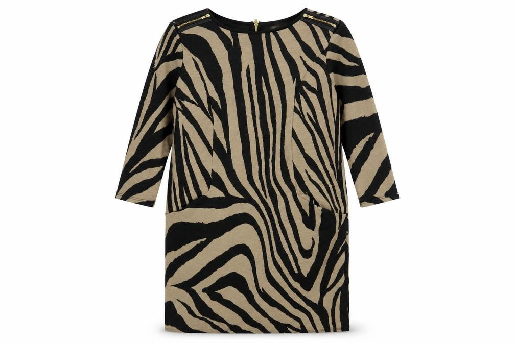 Wallis Women Brown Animal Print Shift Dress UK 12 3/4 Sleeve Zip Detail
