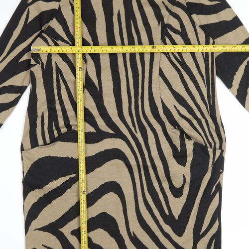 Wallis Women Brown Animal Print Shift Dress UK 12 3/4 Sleeve Zip Detail