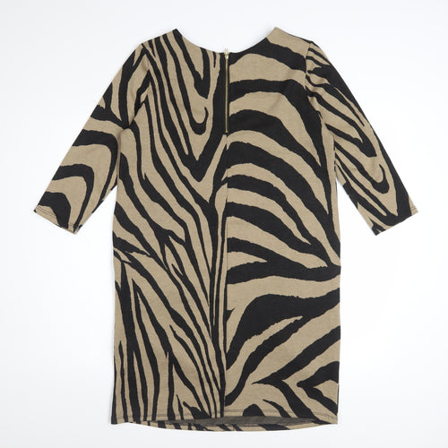 Wallis Women Brown Animal Print Shift Dress UK 12 3/4 Sleeve Zip Detail
