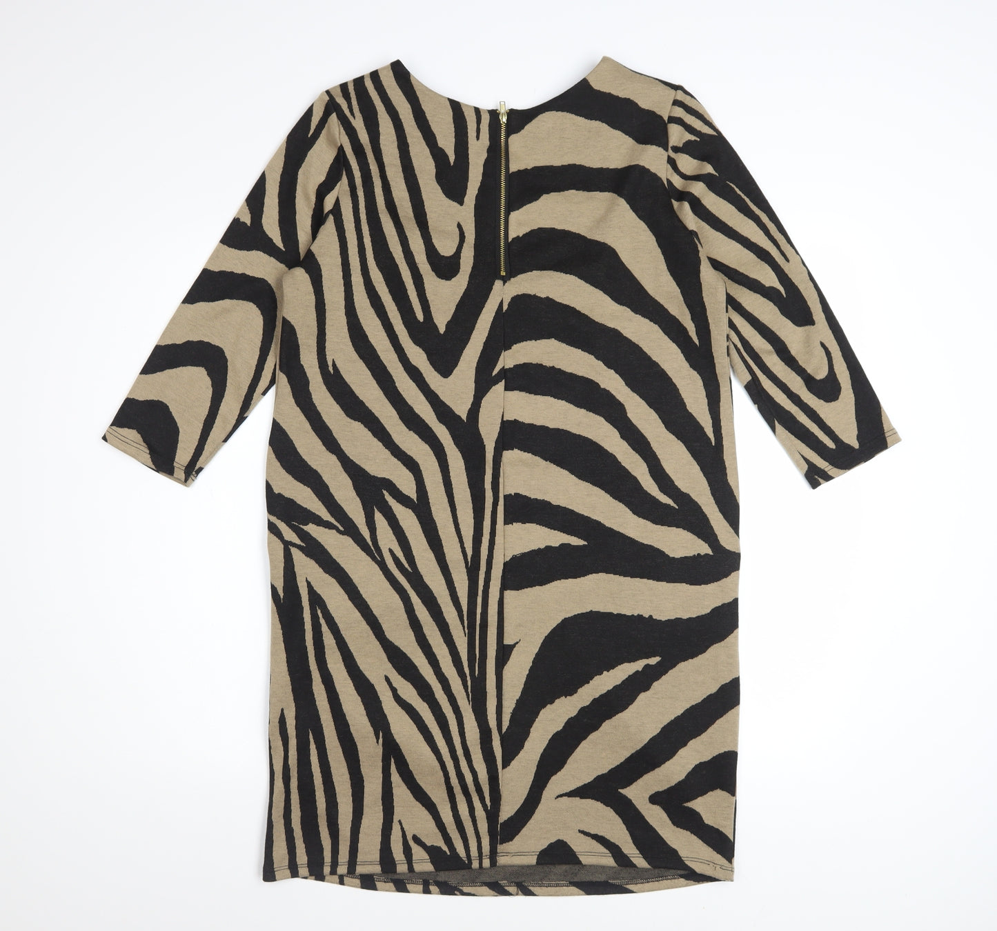 Wallis Women Brown Animal Print Shift Dress UK 12 3/4 Sleeve Zip Detail