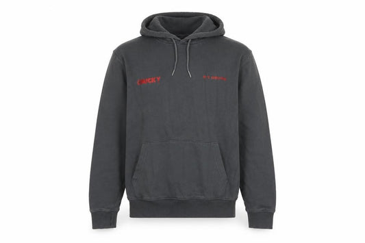 Front view of Chucky Men’s Grey Pullover Hoodie L Horror Graphic Print Sweatshirt