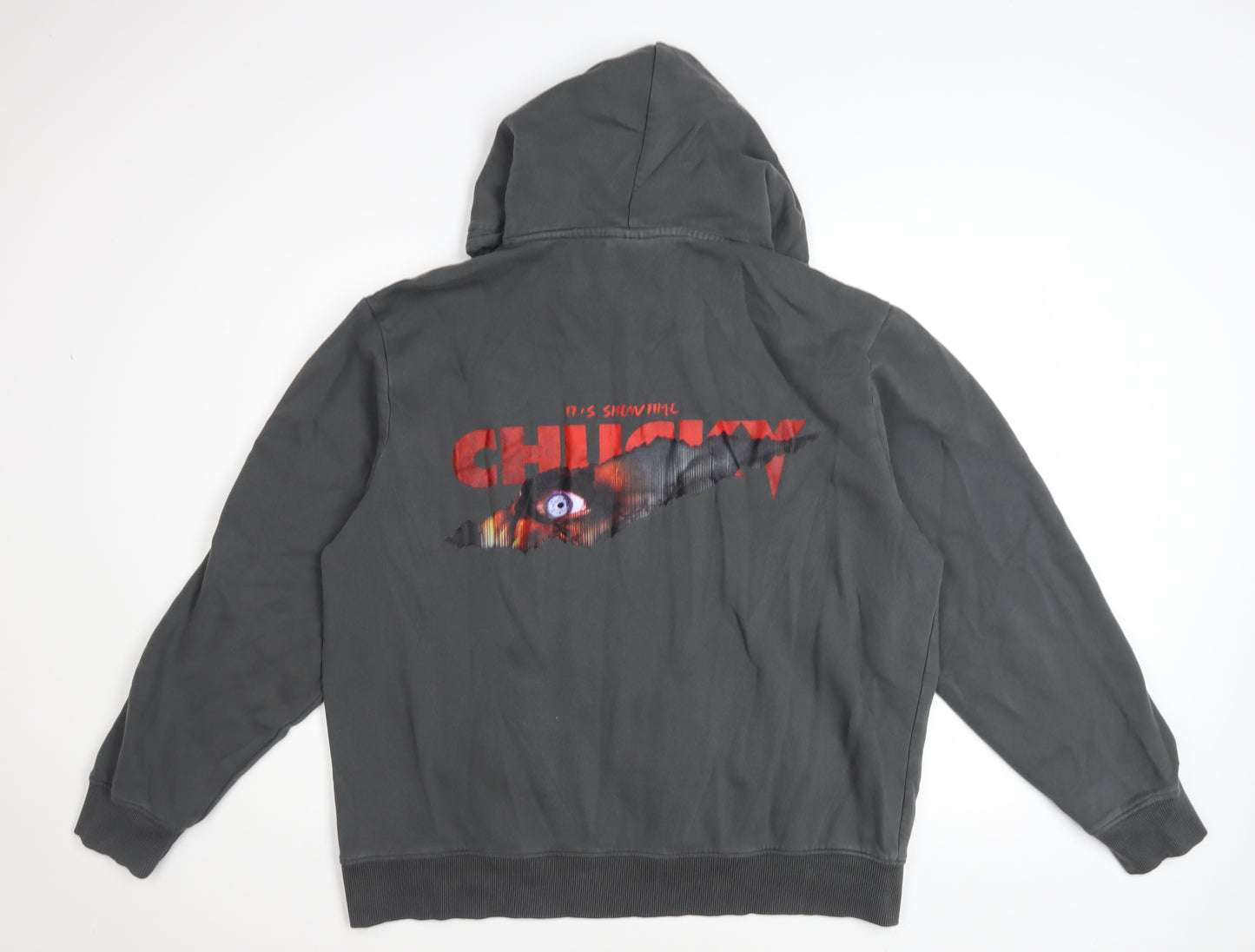 Chucky Men’s Grey Pullover Hoodie L Horror Graphic Print Sweatshirt