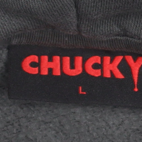 Chucky Men’s Grey Pullover Hoodie L Horror Graphic Print Sweatshirt