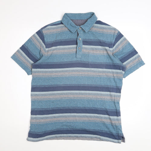 Marks and Spencer Men's Blue Striped Cotton Polo Shirt Medium