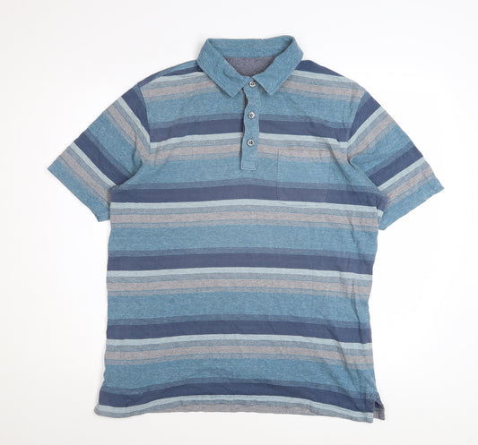 Marks and Spencer Men's Blue Striped Cotton Polo Shirt Medium