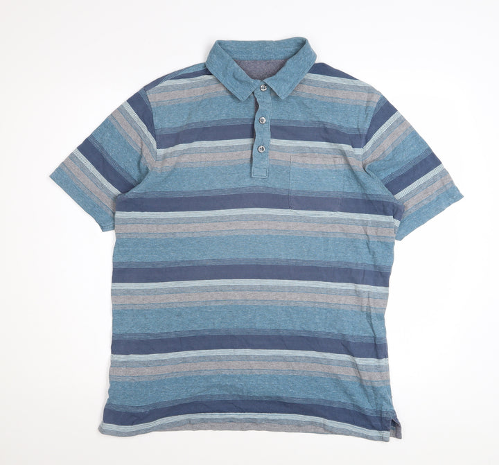 Marks and Spencer Men's Blue Striped Cotton Polo Shirt Medium