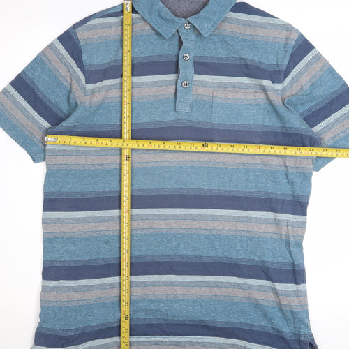 Marks and Spencer Men's Blue Striped Cotton Polo Shirt Medium