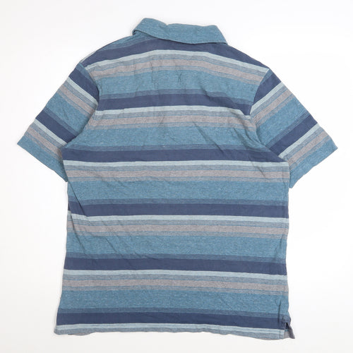Marks and Spencer Men's Blue Striped Cotton Polo Shirt Medium