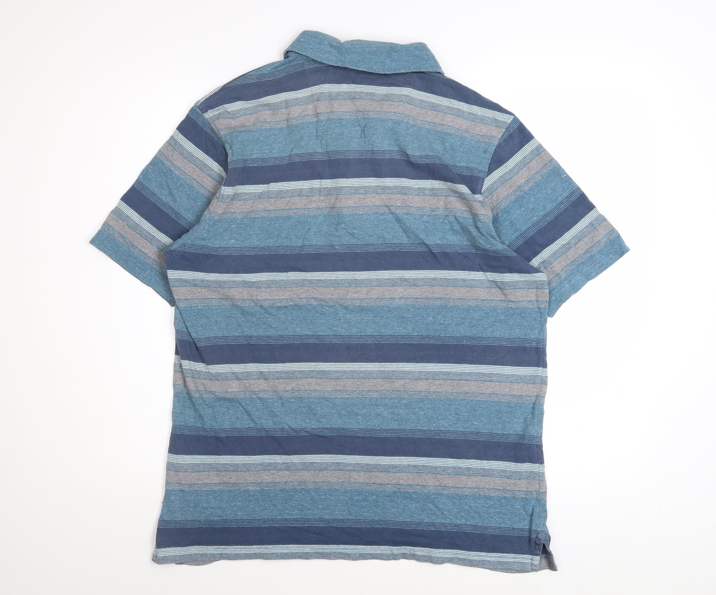 Marks and Spencer Men's Blue Striped Cotton Polo Shirt Medium