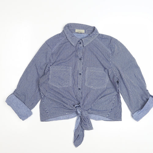 Passport Women Blue Striped Cropped Button-Up Shirt L