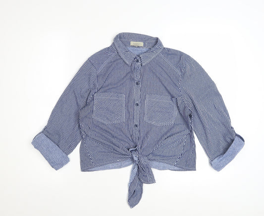 Passport Women Blue Striped Cropped Button-Up Shirt L