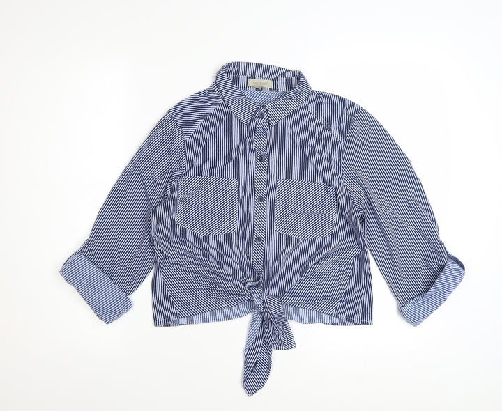 Passport Women Blue Striped Cropped Button-Up Shirt L