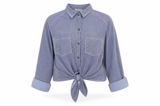 Front view of Passport Women Blue Striped Cropped Button-Up Shirt L