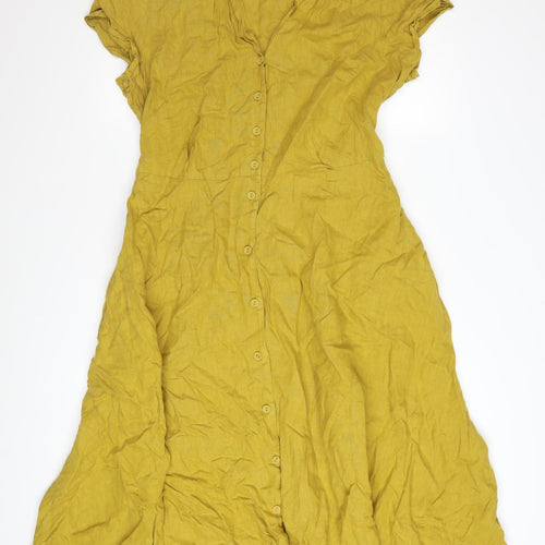 Seasalt Cornwall Women’s Yellow Linen Midi Shirt Dress Size 14