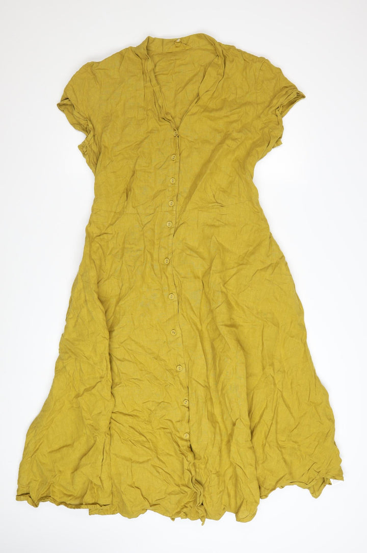 Seasalt Cornwall Women’s Yellow Linen Midi Shirt Dress Size 14