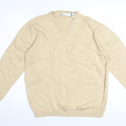 Perry Ellis Men's Beige V-Neck Knit Jumper L Rayon Cotton