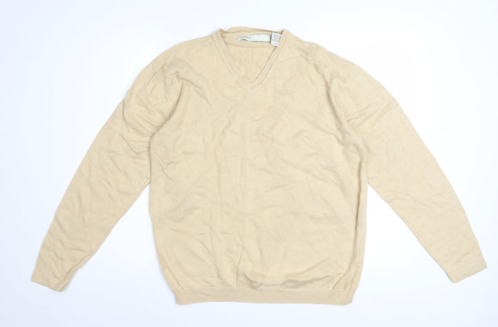 Perry Ellis Men's Beige V-Neck Knit Jumper L Rayon Cotton