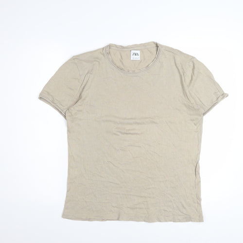 ZARA Women Beige Cotton Basic Crew Neck T-Shirt Size 12