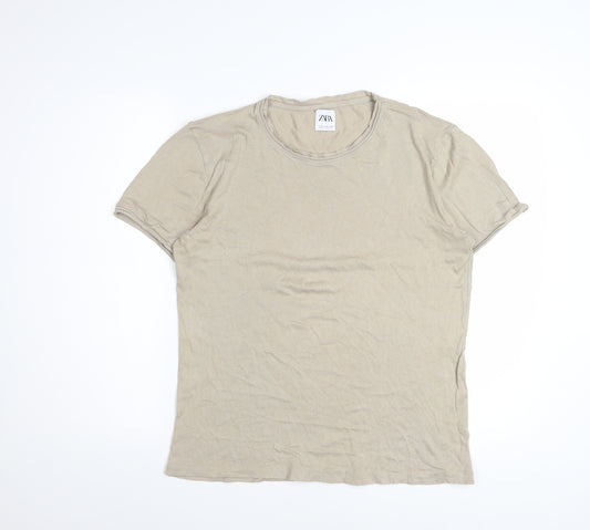 ZARA Women Beige Cotton Basic Crew Neck T-Shirt Size 12
