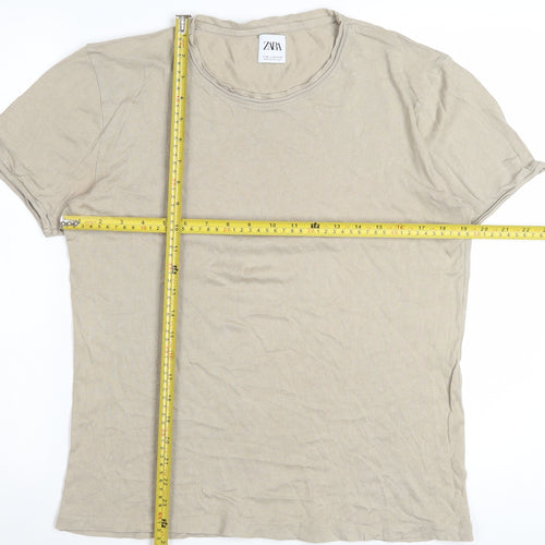 ZARA Women Beige Cotton Basic Crew Neck T-Shirt Size 12