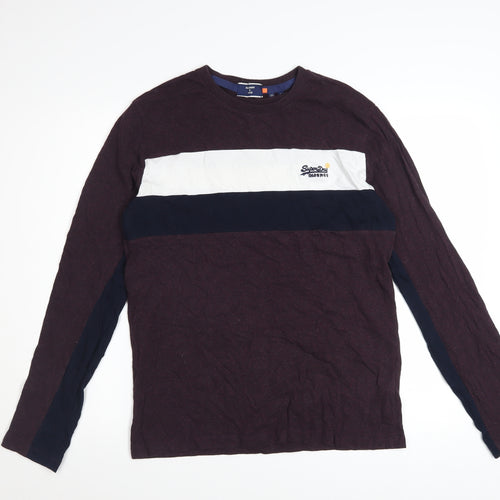 Superdry Men's Burgundy Colourblock Long Sleeve Cotton T-Shirt L