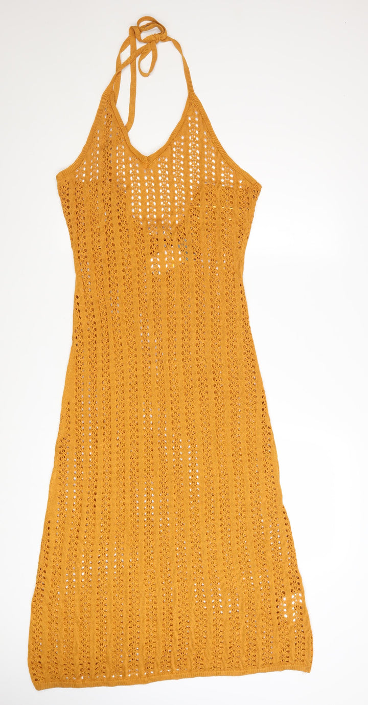 Primark Women Yellow Crochet Halter Kaftan Dress L