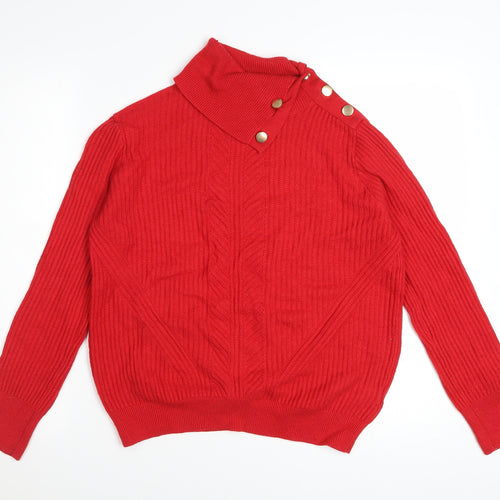 Marks and Spencer Women's Red High Neck Ribbed Button Jumper Size 12